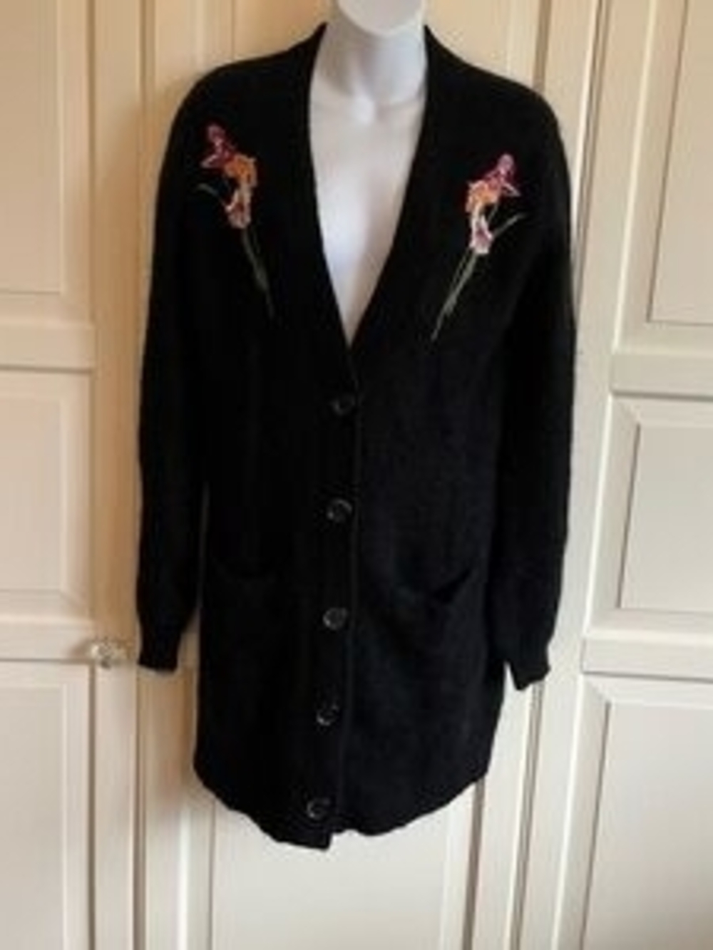 Little Moon Black V-Neck Button Cardigan with Pink & Orange Floral Embroidery